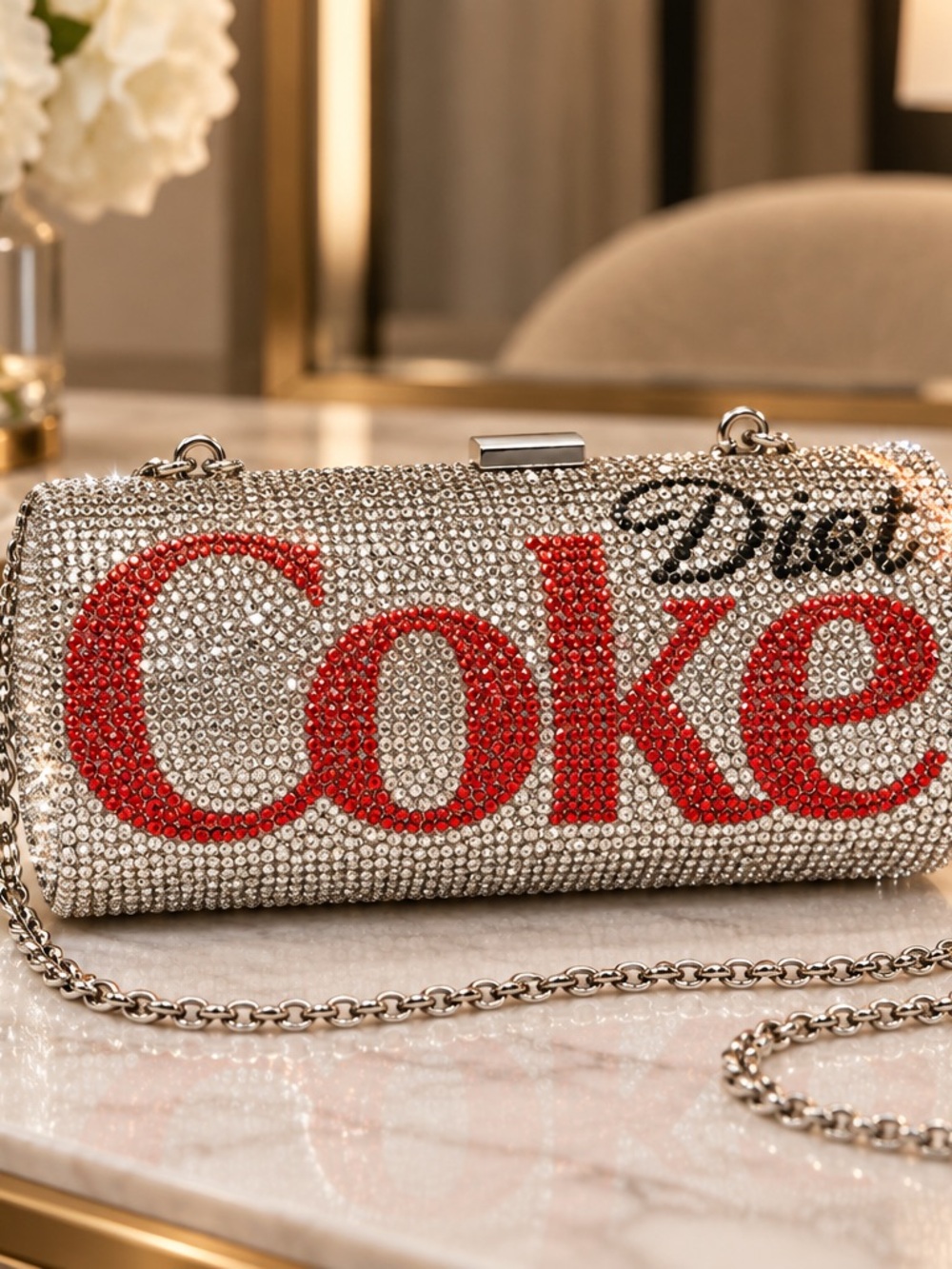Sparkly Rhinestone Diet Coke Can Evening Clutch Bag Silver Crystal Pop Art